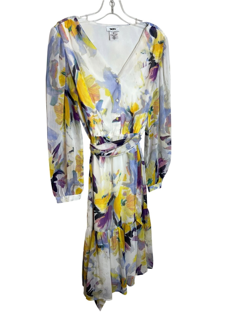 DKNY Floral Chiffon Midi Dress Belted Long Sleeve Watercolor Ruffle 6 Boho